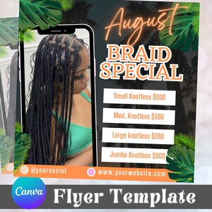 August Braid Sale Flyer, Summer Sale Flyer, Hair stylist branding, Braids Sale Flyer, Hair Flyer, Lashes Flyer, Canva Flyer Template