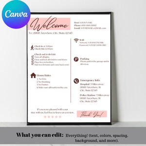 Szablon znaku powitalnego Airbnb, znak powitalny na 1 stronę, edytowalny i do druku, znak hasła Wi-Fi, zasady domu, znak zameldowania i wymeldowania