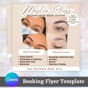 Op de afbeelding: Een flyer die reclame maakt voor een microblading masterclass. De flyer bevat afbeeldingen van wenkbrauwen voor en na microblading. De tekst op de flyer omvat de cursustitel "Master Class Microblading Brow Edition", de totale investering van € 400 en een lijst met wat er inbegrepen is en wat je leert in de cursus.