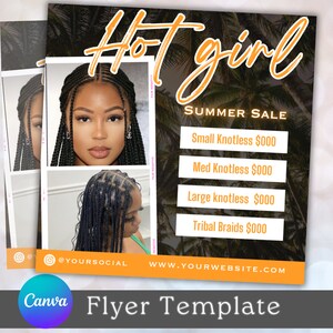May include: A flyer advertising braiding services with the text "Hot girl Summer Sale" and a price list for different types of braids. The flyer features two photos of women with braided hair.