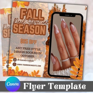 May include: Fall nail special season flyer with a photo of a hand with brown and white abstract nail art. The flyer offers $25 off any free style design booked in October. The flyer also includes the social media handle @yourinstagram and the website www.yourbookingstie.com.
