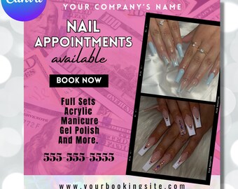 May include: Pink and white advertisement for nail appointments. The ad features a phone number, website address, and the text "NAIL APPOINTMENTS available BOOK NOW". The ad also features two images of manicured nails.