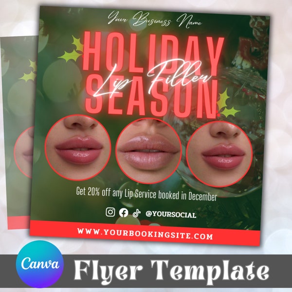 Holiday Lip Filler Flyer Template, Christmas Lip Filler Flyer, Aesthetic Flyer, Social Media Post, Editable Post, esthetician flyer