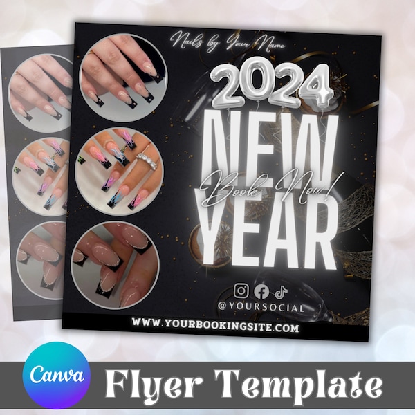 New Year Nail Tech Booking Flyer Template, New Year Nail Artist Branding Flyer, Aesthetic Flyer, Canva Editable flyer Template