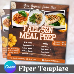 Könnte beinhalten: Eine Flyer-Vorlage für einen Herbst-Meal-Prep-Service. Der Flyer zeigt Fotos von drei verschiedenen Mahlzeiten, ein Kürbisdesign und den Text "Fall SZN Meal Prep". Der Flyer enthält außerdem eine Liste von Hauptgerichten und Beilagen, Preisinformationen und eine Telefonnummer zur Bestellung.