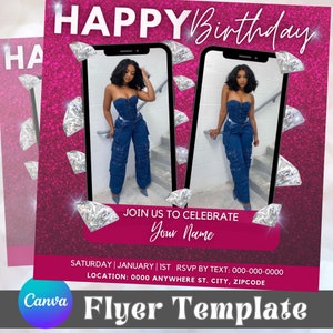 Puede incluir: Una plantilla de folleto rosa y brillante con el texto "HAPPY Birthday" en la parte superior. El folleto presenta dos imágenes de una persona con un atuendo de mezclilla, cada imagen está enmarcada por una pantalla de teléfono con forma de diamante. El texto "JOIN US TO CELEBRATE Your Name" está debajo de las imágenes. El folleto también incluye el texto "SATURDAY | JANUARY | 1ST RSVP BY TEXT: 000-000-0000 LOCATION: 0000 ANYWHERE ST. CITY, ZIPCODE" y el texto "Canva Flyer Template" en la parte inferior.