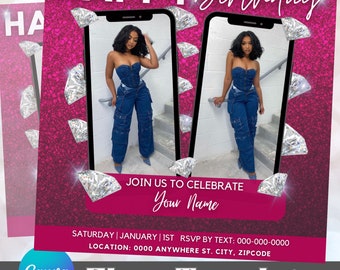 May include: A pink and sparkly flyer template with the text "HAPPY Birthday" at the top. The flyer features two images of a person in a denim outfit, each image is framed by a diamond-shaped phone screen. The text "JOIN US TO CELEBRATE Your Name" is below the images. The flyer also includes the text "SATURDAY | JANUARY | 1ST RSVP BY TEXT: 000-000-0000 LOCATION: 0000 ANYWHERE ST. CITY, ZIPCODE" and the text "Canva Flyer Template" at the bottom.