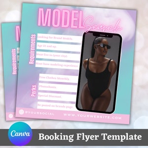 May include: A pink and blue gradient background with the text "MODEL Search" in pink. A list of requirements and perks for brand models. The requirements include being 21 years or older, living in the city, and having modeling experience. The perks include free clothes, photoshoots, special discounts, and being posted on the brand's page. The text "@YOURSOCIAL" and "WWW.YOURWEBSITE.COM" are at the bottom of the flyer. The text "Canva Booking Flyer Template" is at the bottom of the flyer.