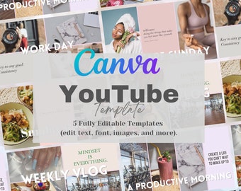 YouTube Channel Thumbnail Bundle, Branding Kit, Aesthetic Youtube Thumbnails, Editable Canva Templates, Self care thumbnail, Motivational
