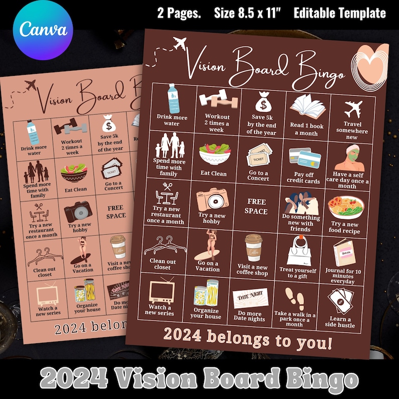 2024 Vision Board Bingo Template, Personal Goals Bingo Game, That Girl Vision Board Printable, Vision Board Activity, Vision Board Party image 1
