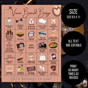 May include: A pink and brown bingo card with a heart in the corner. The card has 25 squares with different goals for the year 2024. The text at the bottom says "2024 belongs to you!" and the text at the top says "Vision Board Bingo".