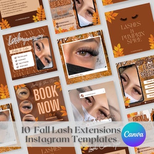 May include: Ten Instagram templates for lash extension businesses. The templates feature autumn-themed colours and graphics, including leaves, pumpkins, and the text "Fall Season". One template features a giveaway with the text "Lashes Giveaway". Another template features a special offer with the text "Fall Lash Special".