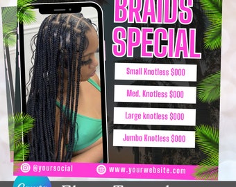 Summer Braids Special Flyer, DIY Hair Salon Flyer, Hairstylist Appointments Available Book Now Flyer, Beauty Social Media Canva Template