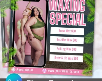 Könnte beinhalten: Ein rosa-schwarzer Flyer mit tropischem Thema, der Waxing-Dienstleistungen bewirbt. Der Flyer zeigt ein Foto von zwei Frauen in Badeanzügen und Text, der "Summer Waxing Special" lautet und Preise für verschiedene Waxing-Dienstleistungen auflistet. Der Flyer enthält auch den Social-Media-Handle "@yoursocial" und die Website-Adresse "www.yourwebsite.com".