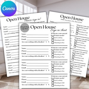 Open House Sign In Sheet Canva Template Set of 3, Editable Real Estate Sign in sheet, Realtor Open House Forms, Instant Download