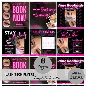 May include: Six colourful flyers for a lash technician business. The flyers feature images of eyelashes, text that says "Book Now", and information about booking appointments and lash specials. The flyers are designed to be edited in Canva.