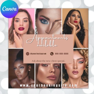 Make-upartiest boekingsflyer, Canva bewerkbare sjabloon, Beauty Instagram Flyer, afdrukbare flyer, beschikbare afsprakenflyer