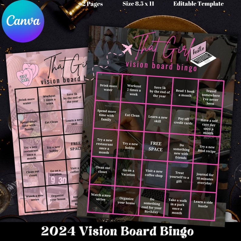 May include: A two-page vision board bingo template with a pink and purple color scheme. The text includes "That Girl" and "2024 Vision Board Bingo." The template is designed for self-care and goal setting, with prompts like "Drink more water" and "Learn a new skill."