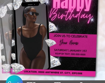 May include: A black and pink birthday party flyer template with a photo of a woman in a black swimsuit and sunglasses. The flyer has the text "Happy Birthday" in pink neon letters and the text "Join us to celebrate Your Name" in white letters. The flyer also includes the date, time, and RSVP information.