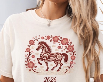 Camiseta con colores cómodos del Año Nuevo Chino del Caballo 2026, camiseta del Año Nuevo Lunar, Feliz Año Nuevo Chino, camisetas con gráficos del zodiaco chino