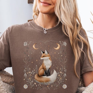 Chemise renard cottagecore céleste, fleurs sauvages vintage confort couleurs nature amoureux t-shirt cadeau pour elle, vêtements Boho Fairycore Woodland Fairycore