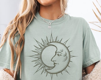 Celestial Sun Moon Oversized Comfort Colors Shirt, Dark Cottagecore Clothing, Vintage Whimsigoth Sweater, Witchy Gifts, Mystical Astrology