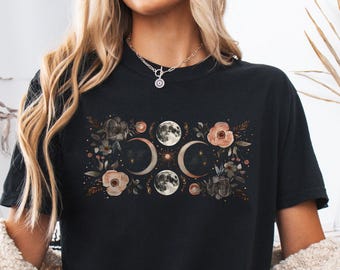 Celestial Lunar Phase Comfort Colors Shirt, Moon Phase, Boho Mystical Moon Flower Tee, Boho Moon Outfit, Spiritual Moon Women Clothing Gifts