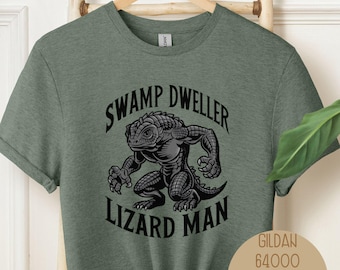 Swamp Dweller Lizard Man Tee, Weirdcore Cryptid, Cryptozoology Shirt, Retro Monster Tshirt Gift for Him or Her, Supernatural Christmas Gift