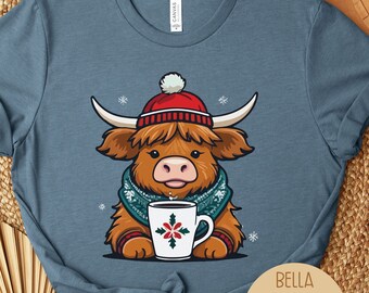 Christmas Baby Highland Cow Shirt, Vintage Animal Lover XMas T-Shirt, Mooey Christmas Gift for Farmer, Cow Lover Farm Life TShirt, PJ Tops