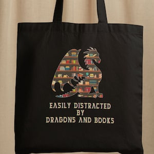Easily Distracted by Dragons & Books Canvas Tote Bag, Book Themed Gift for Book Lover, Trendy Bookish Merch, Book Club Gift, Book Nerd Bag