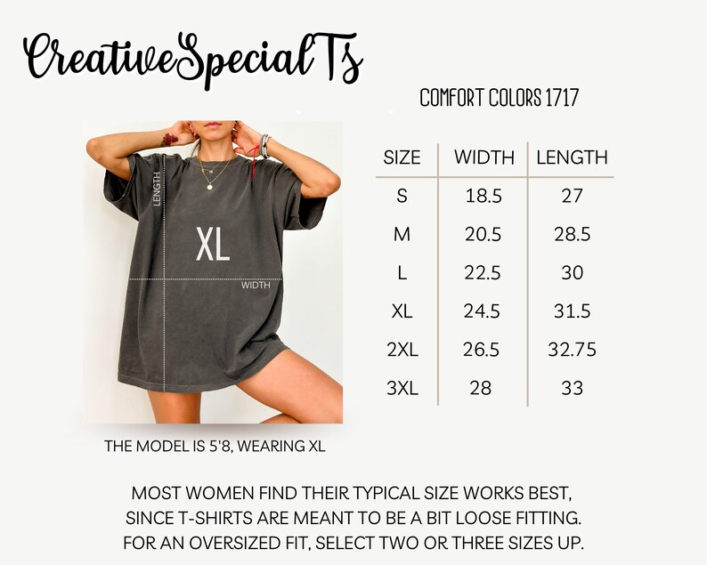May include: Dark gray oversized t-shirt with the text "XL" on the front. The image includes a size chart with measurements in inches for width and length, and the text "Creative Special Ts" and "COMFORT COLORS 1717".