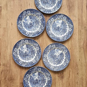 May include: Six blue and white decorative plates featuring a detailed town scene. The plates have a floral border and are arranged on a wooden surface. Each plate is approximately 23 cm in diameter.