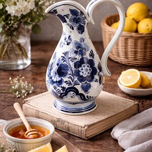 Puede incluir: Una jarra floral blanca y azul con un asa curva descansa sobre un libro antiguo. La jarra está decorada con patrones florales azules. Limones, miel y flores están dispuestas alrededor de la jarra, creando una naturaleza muerta.