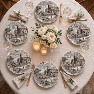 Op de afbeelding: Een gedekte tafel met zes decoratieve borden met een gedetailleerde landschapsscène in blauw, bruin en groen. De borden omringen een bloemstuk met witte rozen en kaarsen. Gouden vorken en linnen servetten maken de elegante opstelling compleet.