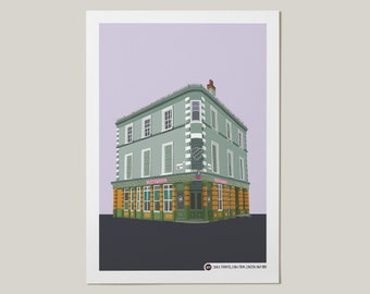 May include: Illustration of a three-story building on a corner lot. The building is painted a muted green with orange accents and a green door. The text "BUTTERFLY" is visible on the building's facade. The sky is a pale purple.