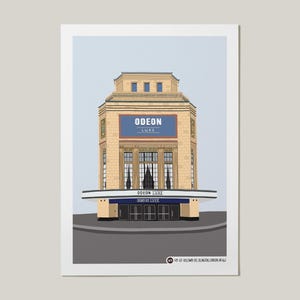 May include: Illustration of the Odeon Luxe cinema in a minimalist style. The building is tan with a blue sign that reads "ODEON LUXE". The image has a light blue background and a gray foreground.