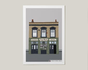 May include: A green and brown building with a sign that reads "The Nag's Head" and the words "Truman's" and "Beers" on either side. The building has two windows and a door.