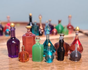 Miniature Potion Bottles for Dollhouse or Diorama 1:12 scale - 3D printed, random assortment of styles/colors - 25mm to 7mm tall