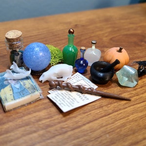 Miniature Magic Set for Dollhouse or Diorama - Crystal Ball, wand, book, gemstones, skull, bottle - 1:12 scale