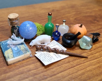Miniature Magic Set for Dollhouse or Diorama - Crystal Ball, wand, book, gemstones, skull, bottle - 1:12 scale