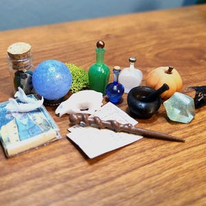 Miniature Magic Set for Dollhouse or Diorama - Crystal Ball, wand, book, gemstones, skull, bottle - 1:12 scale