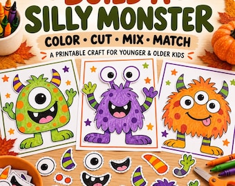 May include: A printable craft set titled BUILD A SILLY MONSTER COLOR CUT MIX MATCH featuring three coloured monster illustrations on white paper, with various cut-out monster parts like eyes, mouths, and horns scattered below.