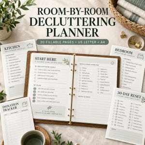 May include: A room-by-room decluttering planner set featuring a central ring-bound organizer with a Start Here page, surrounded by checklists for the kitchen, bedroom, a donation tracker, and a 30-day reset guide, all printed on white paper.