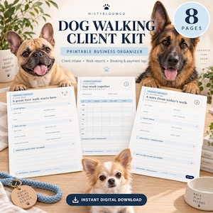 Könnte beinhalten: Ein druckbares Dog Walking Client Kit bestehend aus drei weißen Seiten mit blauem Text und Linien. Die Seiten enthalten Abschnitte für Kundendaten, Wochenpläne und Spaziergangsberichte. Der Text lautet Dog Walking Client Kit, 8 Pages und Instant Digital Download.