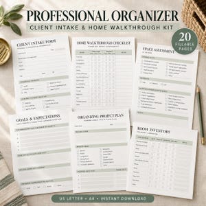 Puede incluir: Un kit profesional de organización para la admisión de clientes y recorrido del hogar con 20 páginas rellenables. El conjunto incluye formularios de admisión, listas de verificación, evaluaciones de espacio, objetivos, planes de proyecto e inventarios.