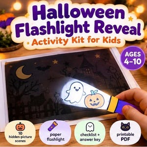 May include: A Halloween Flashlight Reveal Activity Kit for Kids featuring a purple and yellow paper flashlight illuminating a ghost and pumpkin on a dark scene. Includes 10 hidden-picture scenes, a checklist, answer key, and printable PDF for ages 4-10.