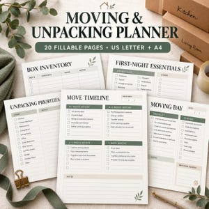 May include: A Moving & Unpacking Planner set featuring 20 fillable pages in US Letter and A4 sizes. The printed sheets include sections for Box Inventory, First-Night Essentials, Unpacking Priorities, Move Timeline, and Moving Day checklists.