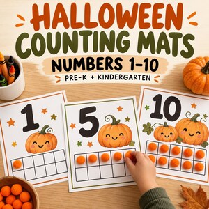 Tapis de comptage d'Halloween à imprimer, activités avec les nombres de 1 à 10 et la grille de dix cases pour la maternelle, le préscolaire et le CP, atelier de mathématiques d'automne (PDF)
