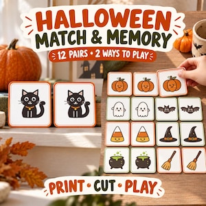 Puede incluir: Un juego de memoria Halloween Match & Memory con 12 pares de tarjetas cuadradas que muestran ilustraciones de calabazas, fantasmas, murciélagos, dulces, sombreros de bruja, calderos, escobas y gatos negros. Las tarjetas tienen bordes naranjas o verdes.