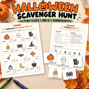 Könnte beinhalten: Ein Halloween-Schnitzeljagd-Set bestehend aus einem Arbeitsblatt mit zwölf illustrierten Bildhinweisen, darunter ein Kürbis, ein Geist, eine schwarze Katze, Zuckermais, eine Spinne, ein Hexenhut, ein Besen, eine Fledermaus, ein Blatt und ein Kessel.